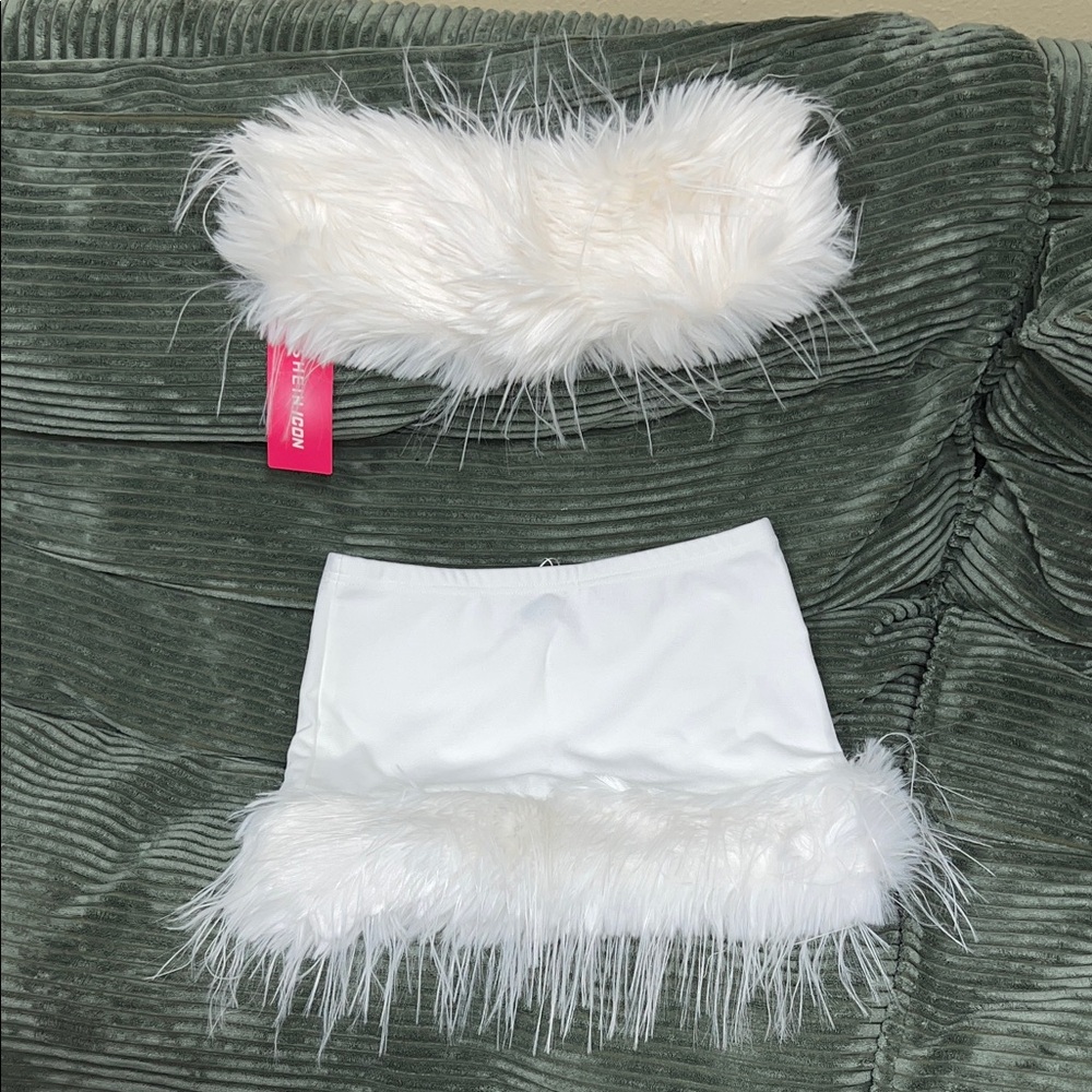 White Faux Fur Trim Tube Top and Skirt Set